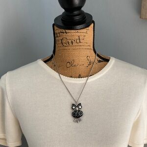 Silver and Enamel Black Owl Pendant Necklace - Costume Jewelry